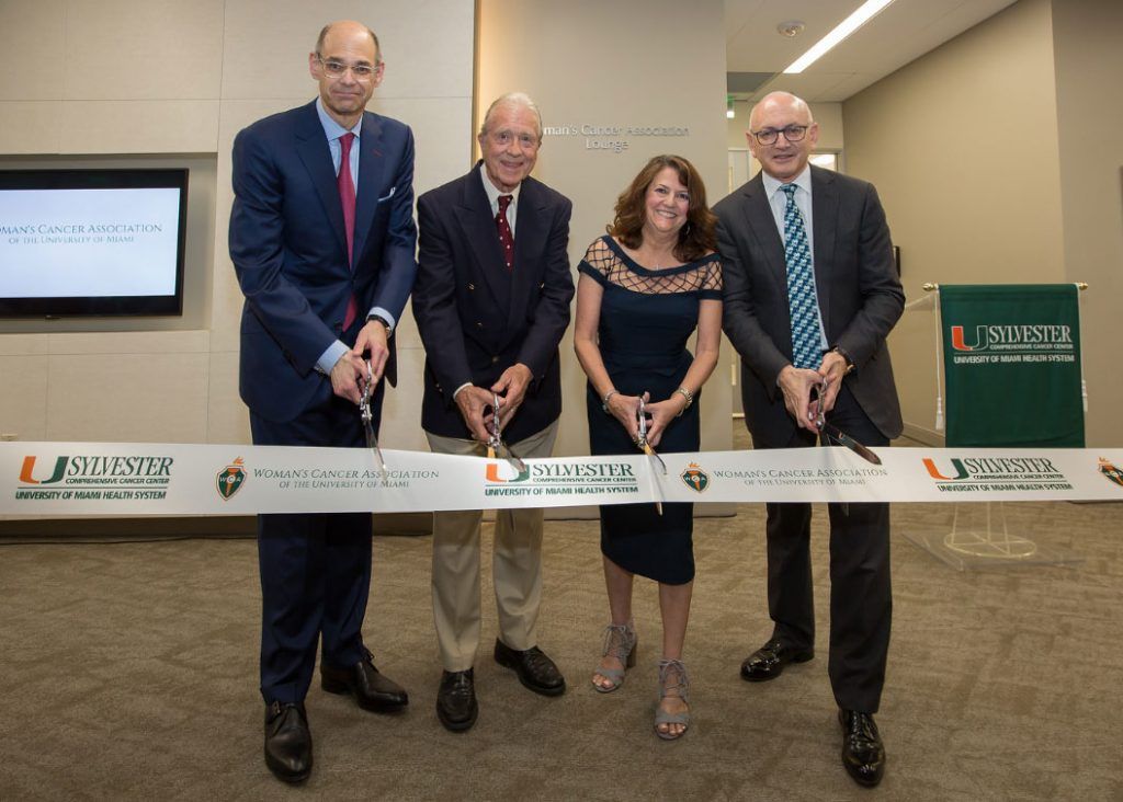 Adam Carlin, Bill Tenney, Lourdes Beltran, and Dr. Stephen Nimer.  In 2018, Sylvester Director Stephen Nimer, M.D., dedicated the Woman’s Cancer Association Lounge at The Lennar Foundation Medical Center in Coral Gables.